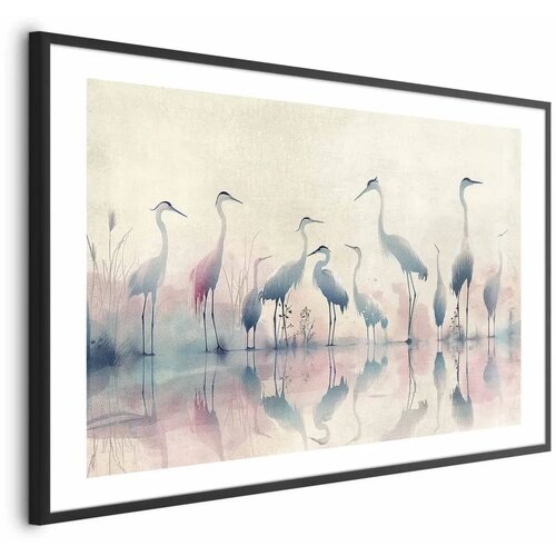  Plakat - Birds by the Lake - herons painted in watercolor in a delicate  gray-pink palette 90x60 Crni okvir s margom Cijene