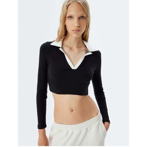 Koton Polo Neck T-Shirt Crop Long Sleeve Piping