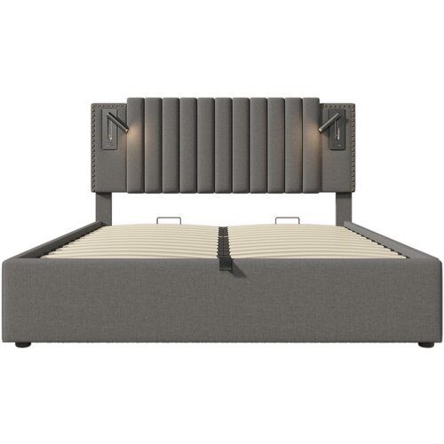 Lumor Postelja s predalom 160x200 cm iz bombažnega blaga – z bralnimi lučmi in USB-priključki – siva, (22151298) Cene