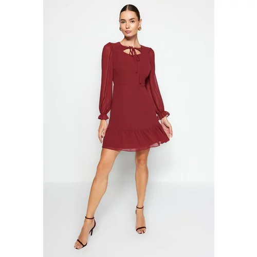 Trendyol Claret Red Collar Detailed, Lined Chiffon Dress