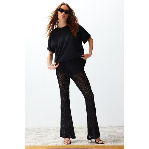 Trendyol Black Lace Flare/Spanish Leg Stretch Knitted Trousers Cene