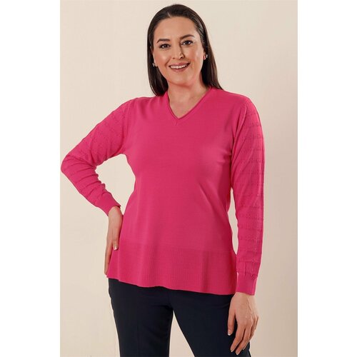 By Saygı V-Neck with Patterned Sleeves and slits in the sides Plus Size Acrylic Sweater Pink Cene