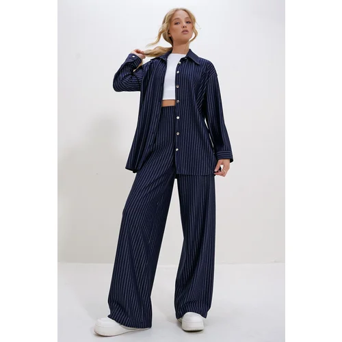 Trend Alaçatı Stili Women's Navy Blue White Striped Shirt Jacket and Palazzo Pants Two Piece Set