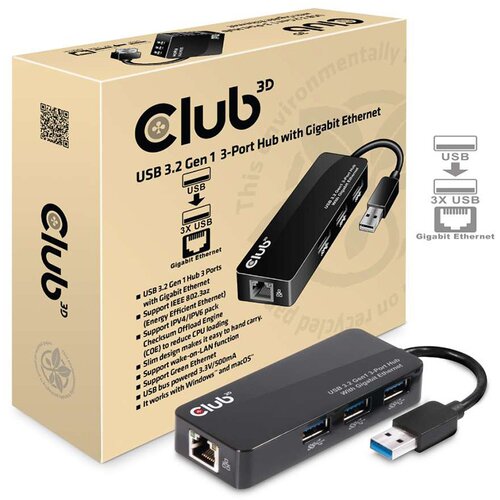  Hub + ethernet Club 3D TYPE A 3.1 GEN 1 TO 3 X TYPE A 3.0 WITH GIGABIT ETHERNET RJ45 CSV-1430 Slike
