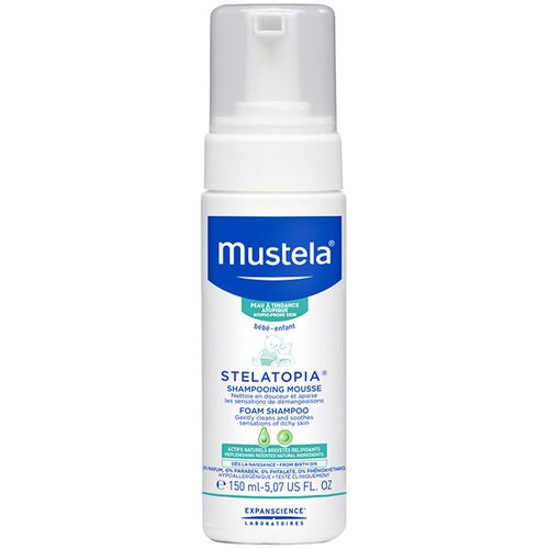 Mustela B&amp;eacute;b&amp;eacute; Stelatopia&amp;reg; Foam Shampoo pomirjujoč &amp;scaron;ampon za otroke z izredno suho in atopično kožo 150 ml za otroke Slike