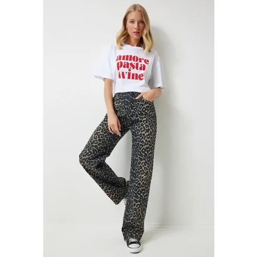  Women's Black Brown Leopard Patterned Straight Jeans