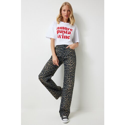  Women&amp;#039;s Black Brown Leopard Patterned Straight Jeans Slike