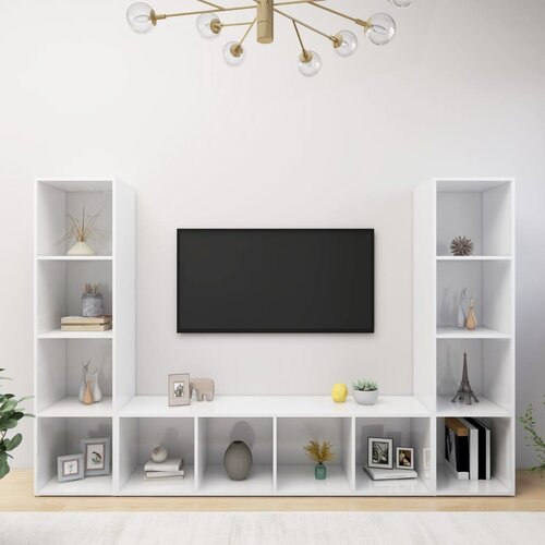 VidaXL TV omarice 3 kosi visok sijaj bele 142,5x35x36,5 cm iverna pl. Slike