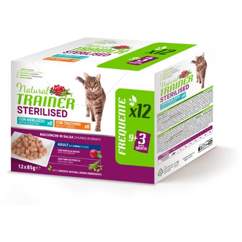 Natural trainer Cat Multipack Sterilised Adult, vrečka - puran, trska - 12 x 85 g Cene