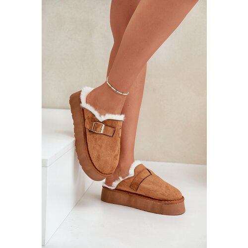 FK1 Women's slippers on a thick sole with fur and a buckle Camel Linneola Cijene