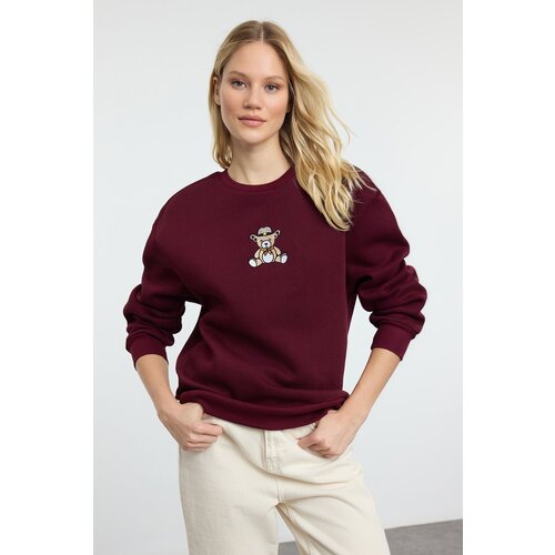 Trendyol Claret Red Relaxed/Comfortable Pattern Embroidered Thick Knitted Sweatshirt Slike