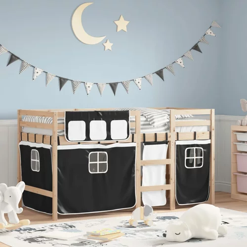 vidaXL Dječji krevet na kat i zavjese crno-bijeli 90x190 cm borovina