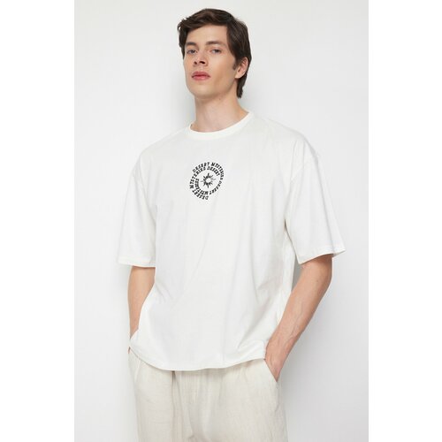 Trendyol Men's Ecru Oversize/Wide-Fit 100% Cotton T-shirt with Text Embroidery Cene