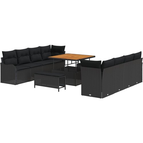 VidaXL Set vrtnih sofa od 11 komada s jastucima - Crni poli ratan akacija, 2-sjedalna vrtna sofa s pohranom i jastucima - Crni poli ratan, 3 dijelni vrtni set za objedovanje s jastucima - Crni poli ratan akacija Slike