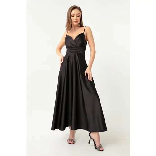 Lafaba Women's Black Satin Midi Evening Dress with Straps and Waist Belt &; Prom Dresses