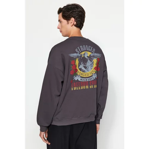Trendyol Anthracite Men's Oversize/Wide-cut Rock Theme Printed Fleece Sweatshirt.