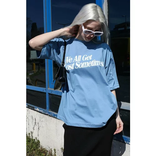 Madmext Blue Printed Oversized T-Shirt Mg1532.
