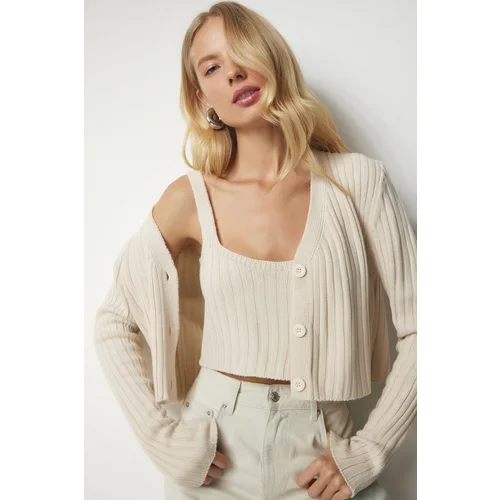  Women's Cream Knitted Sweater Bustier Cardigan Suit