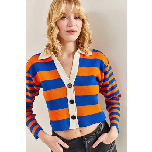 Bianco Lucci Women's 3-Button Thick Striped Knitwear Cardigan