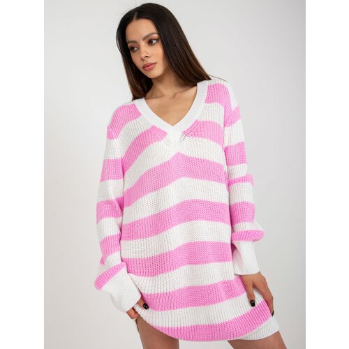 Fashion Hunters Pink and ecru striped oversize sweater Slike