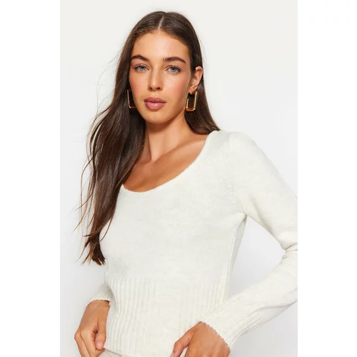 Trendyol Ecru Crop Soft Textured Wool Knitwear Sweater