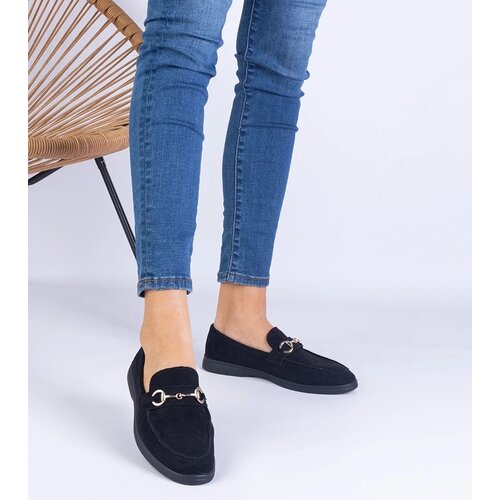 D/CEO marka niezdefiniowana Black eco-suede loafers with an openwork pattern and gold embellishment Truffi Slike