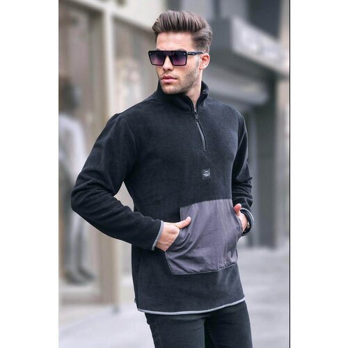 Madmext Men's Black Bato Collar Kangaroo Pocket Cold Proof Fleece Sweatshirt 6018 Slike