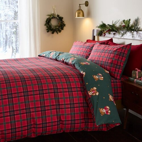 Catherine Lansfield Rdeča/temno zelena enojna posteljnina 135x200 cm Christmas Tartan Teddy Bear &amp;ndash; Slike