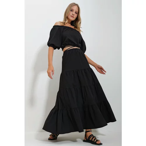 Trend Alaçatı Stili Women's Black Madonna Collar Crop Blouse Gathered Inner Lined Skirt Poplin Suit