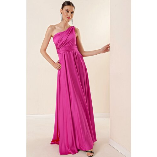 By Saygı One-Shoulder Long Evening Crepe Satin Dress With Draping and Lining. Slike