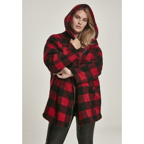 Urban Classics Ladies Hooded Oversized Check Sherpa Jacket firered/blk Cene