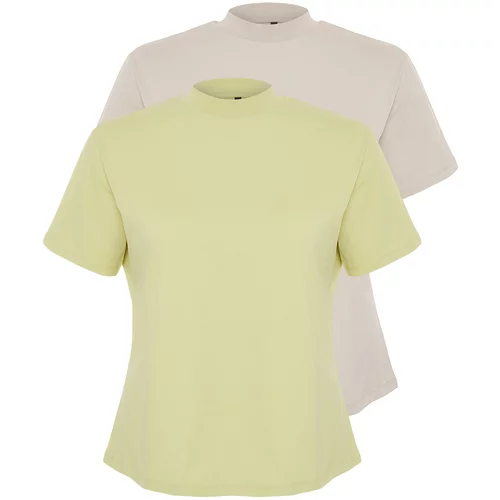Trendyol Curve Oil Green-Grey 2 Pack 100% Cotton Basic Stand Collar Knitted T-Shirt