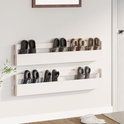 vidaXL Stenski regal za čevlje 2 kosa bel 110x9x23 cm trdna borovina Cene