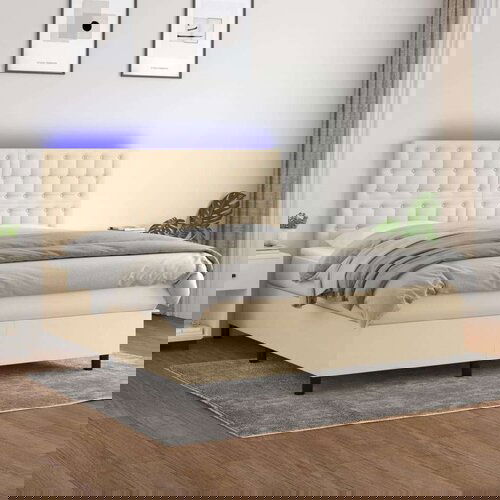  Box spring postelja z vzmetnico LED krem 180x200 cm blago Cene