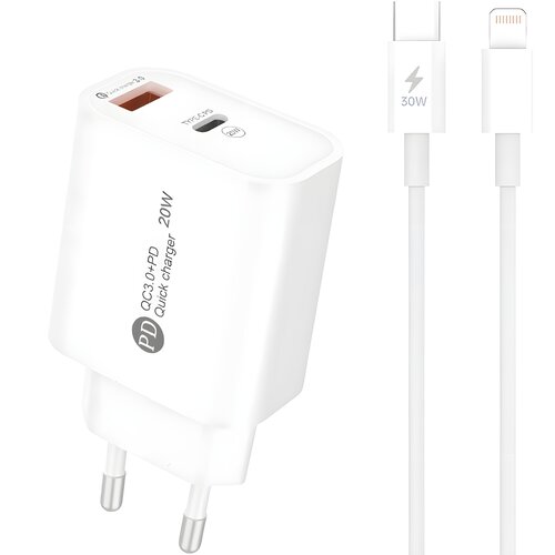  Polnilnik A6MaxL 20W USB - A / USB - C s kablom Lightning - Bela Slike