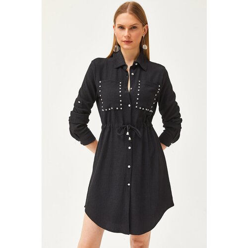 Olalook Women's Black Pocket Tie Waist Stone Detailed Shirt Dress Slike