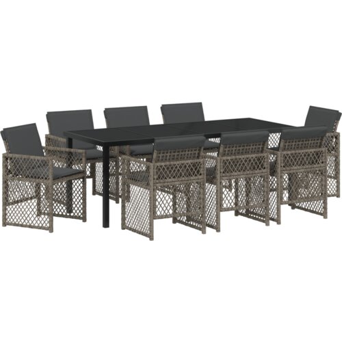 vidaXL 9-dijelni vrtni blagovaonski set s jastučićima Siva Poliratan, Vrtni stol Crn 200x80x73 cm Temperirano staklo Cijene