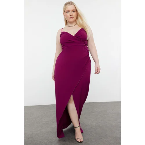 Trendyol Curve Plum Double Breasted Collar Slit Long Lined Plus Size Evening Dress