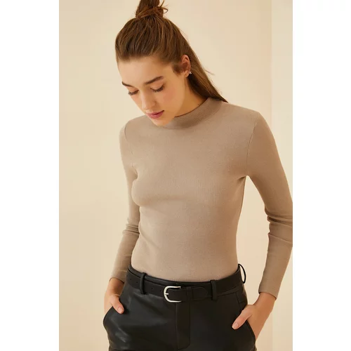 Happiness İstanbul Women's Beige Turtleneck Ribbed Knitted Blouse