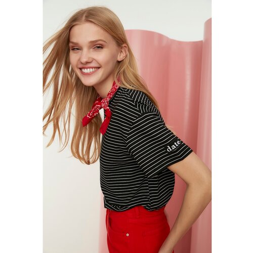 Trendyol Black Striped Loose Knitted T-Shirt Slike