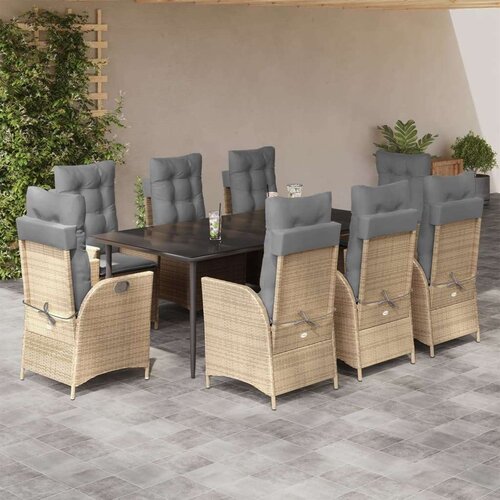  Vrtna garnitura - 9-dijelni vrtni blagovaonski set od poliratana s jastucima bež - 200 x 100 x 74 cm Sa naslonom za noge 8 Slike