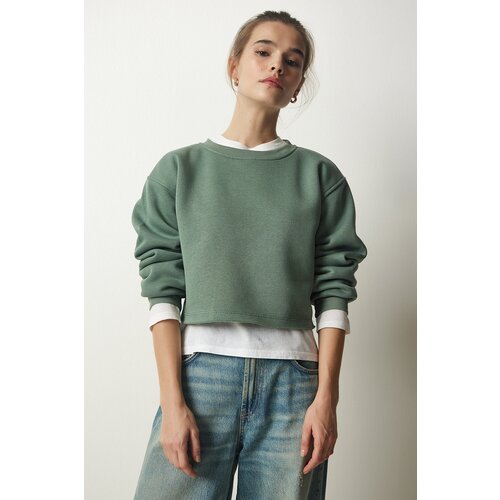  Women&amp;#039;s Almond Green Crew Neck Raised Crop Knitted Sweatshirt Slike