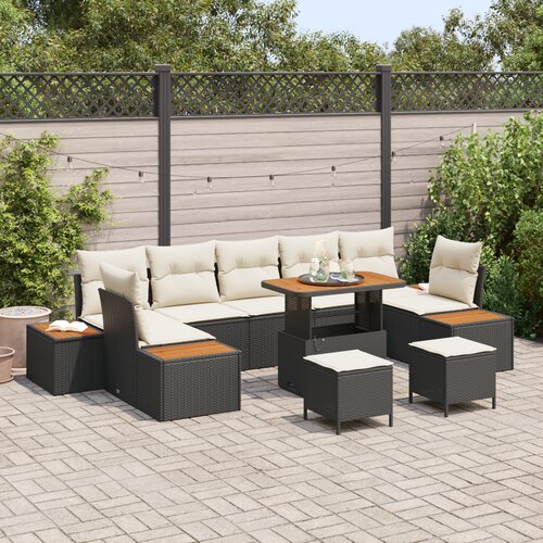 VidaXL 10-delni vrtni sofa set z blazinami Črn Poli ratan Acacia Slike