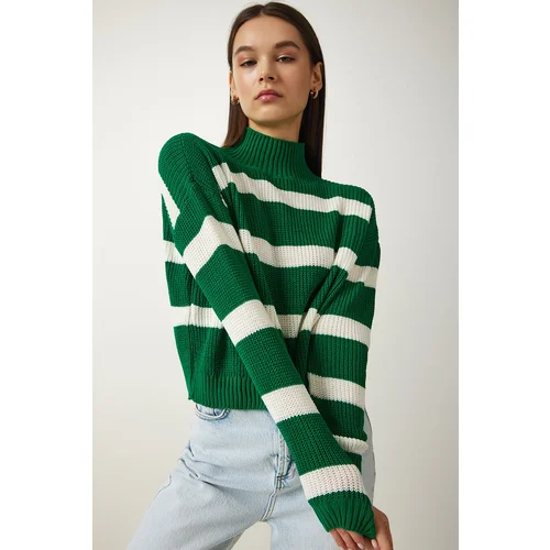 Happiness İstanbul Women's Green Stand-Up Collar Striped Knitwear Sweater