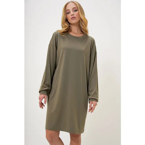 Trend Alaçatı Stili Women's Khaki Crew Neck Sweatshirt Dress