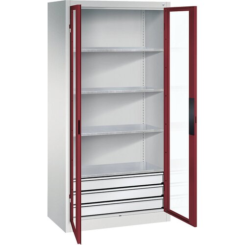 C+P Omara s krilnimi vrati z akrilnim steklom, VxŠxG 1950 x 930 x 500 mm, 4 police, 3 predali, svetlo sive / rubinasto rdeče barve Cene