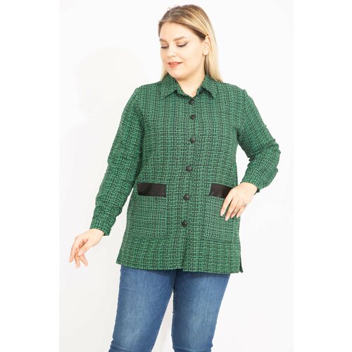 Şans Women's Plus Size Green Bouquette Unlined Jacket with Woven Fabric Faux Leather with Garnish Slike