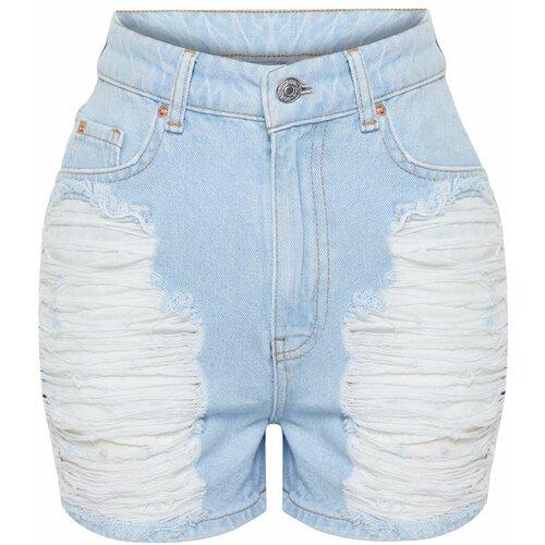 Trendyol Light Blue Ripped High Waist Mini Denim Shorts & Bermuda Slike