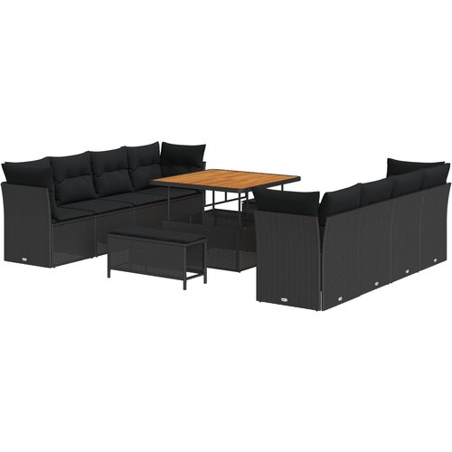 VidaXL 11-Komadni Vrtni Sofa Set s Jastučićima Crni Poli Ratan Akacija, 3-Komadni Vrtni Set za Jelo s Jastučićima Crni Poli Ratan Akacija Slike