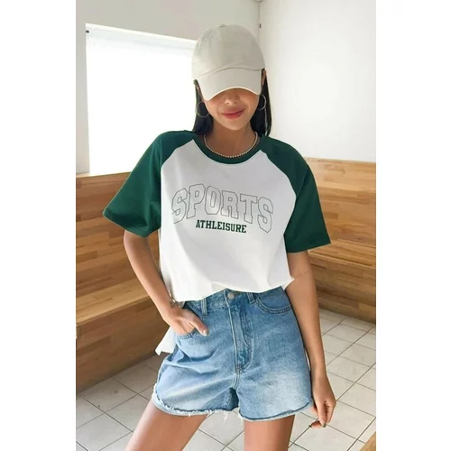 K&H TWENTY-ONE Women's Cotton White with Sleeves Green Sports Printed Crewneck Oversize Boyfriend T-shirt.